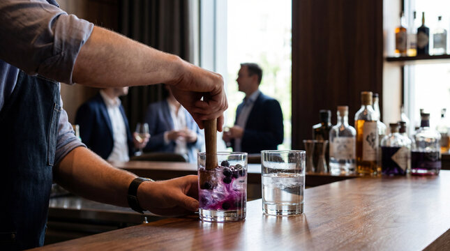 Muddling Blueberries in Gin
