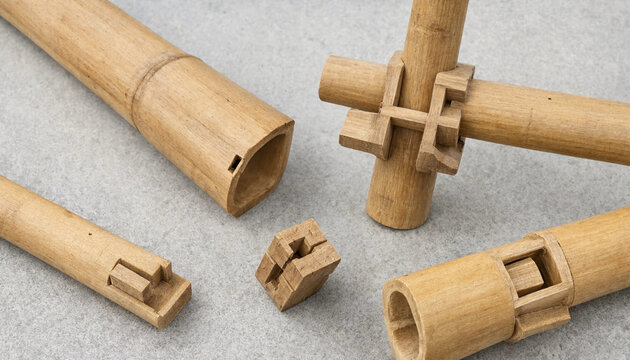 Close up view of various bamboo construction joints, including mortise and tenon styles, displayed on a textured light gray concrete surface