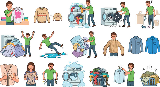 Man dealing with laundry problems vector character set with broken washing machine stained clothes shrunk garment and household failures
