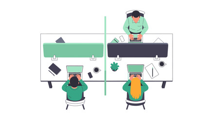 Naklejka premium Top View of Modern Coworking Office Workspace with People Working at Desks, Flat Vector Illustration of Shared Business Environment