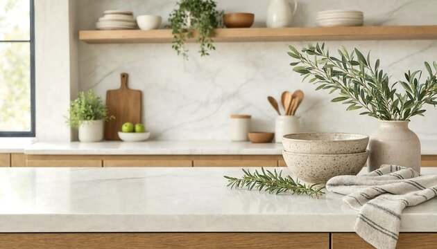 Modern Kitchen Countertop with Natural Decor and Wooden Shelves