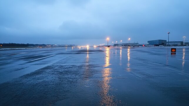 Flooded Airport Runway Under Stormy Skies Halting Flights
