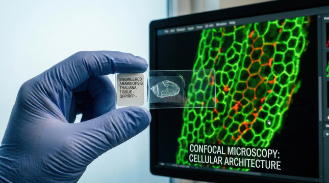 Synthetic biology agriculture confocal microscopy cell tissue plant biology laboratory gloved hand microscope slide screen research analysis