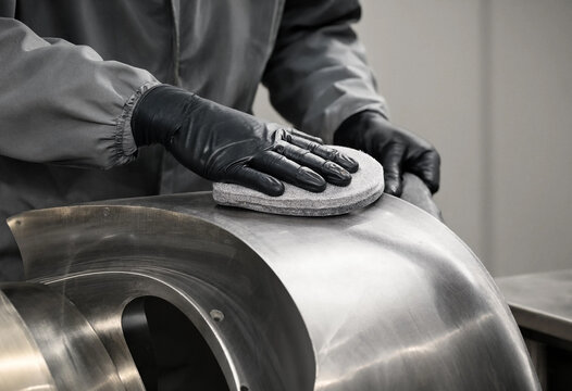 Worker in black gloves polishing curved metal component with abrasive pad.