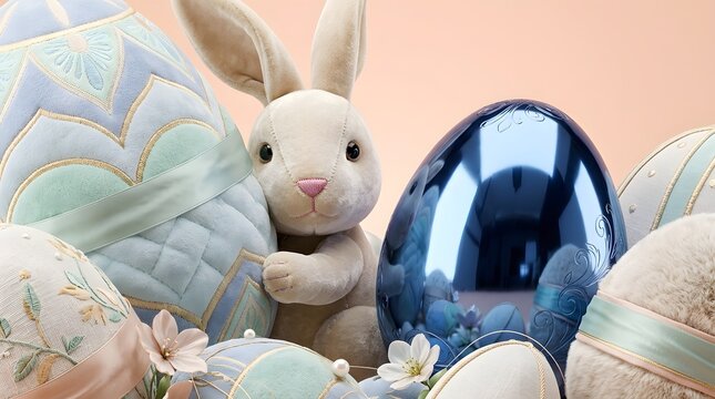 Pastel Easter eggs and cute bunny decorations with dramatic contrast