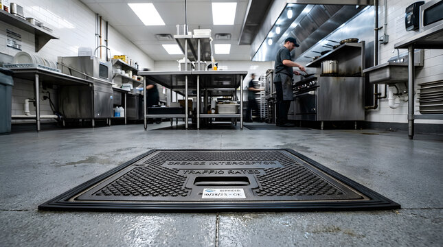 commercial kitchen grease trap lid|restaurant grease interceptor floor plate|industrial kitchen plumbing maintenance|traffic rated grease interceptor cover