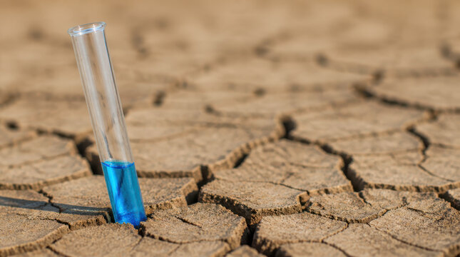 Water scarcity climate adaptation test in dry soil with blue liquid in glass tube