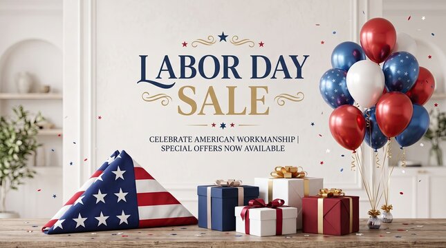 Labor day sale banner with gift boxes and american flag motif plus colorful festive balloons.