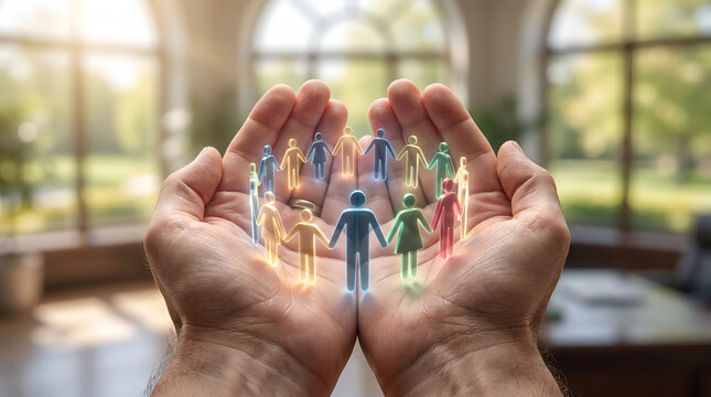 Hands holding a glowing circle of connected people figures