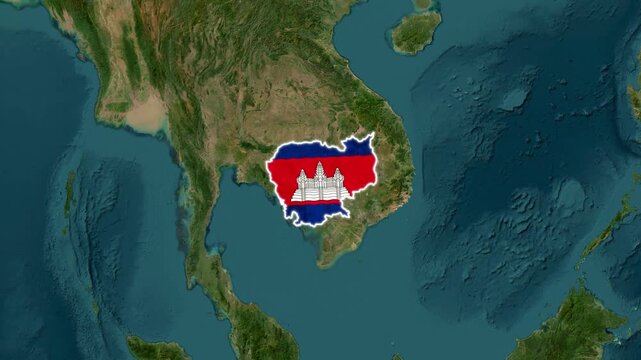 Cambodia map with national flag overlay zooming in on satellite earth background, southeast asia geography
