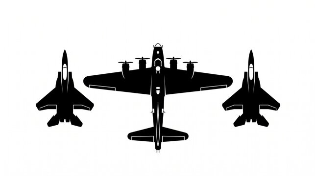 Military airplane formation silhouette featuring bomber plane and fighter jets in flight top view vector graphic illustration isolated on white background
