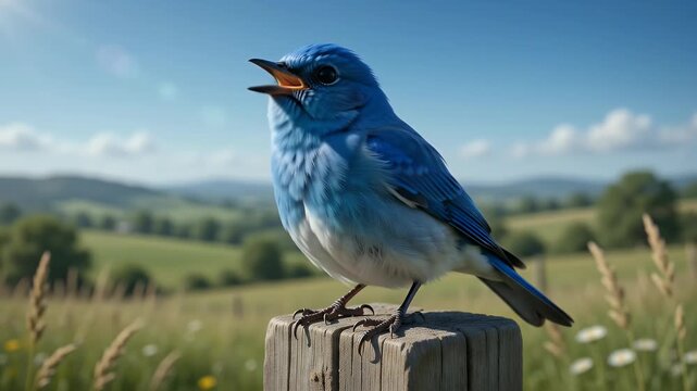 Vibrant blue bird perched on wooden post in a lush green field with rolling hills and blue sky in background