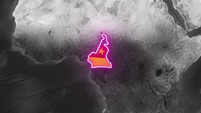 Cameroon map outline with national flag texture and glowing neon border on monochrome satellite earth background