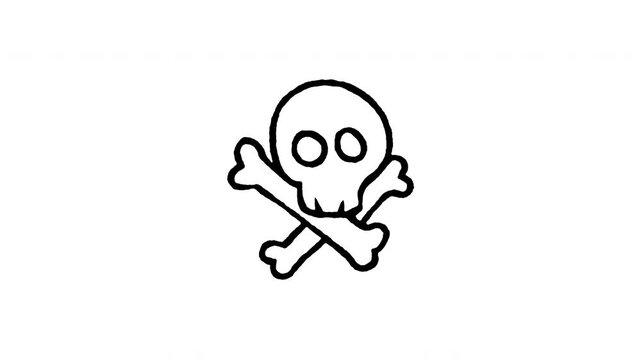 Animated 4K skull and crossbones doodle icon. White hand drawn line art on black and green screen backgrounds for pirate flag symbol, toxic danger warning, death head, and Halloween horror edits.