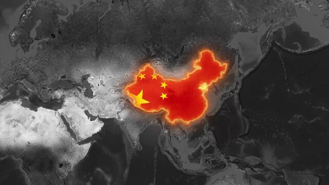 Glowing china map with national flag texture and dynamic border animation for geopolitical news and economic analysis
