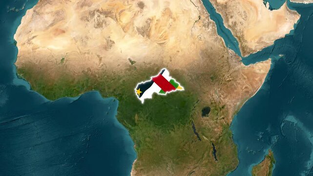 Central african republic map with national flag overlay, zoom-in satellite view of africa