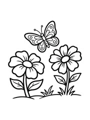 Obraz premium Butterfly Flying Over Garden Flowers Line Art Vector Illustration for Kids Coloring Book Page and Outline Activity