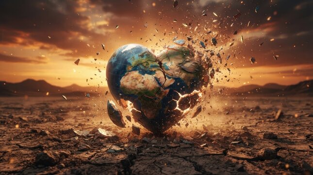 A shattered globe is exploding within a heart shape, creating a dramatic and apocalyptic scene.
