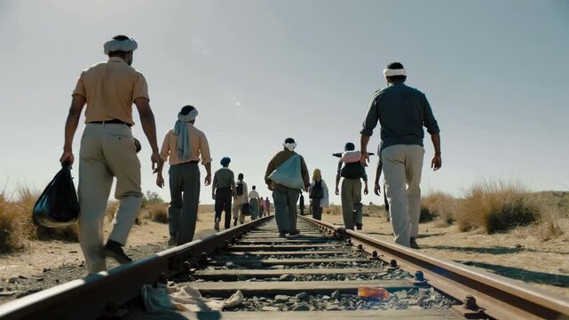 Group of migrant men walking along railway tracks in dry landscape, low angle view, real time