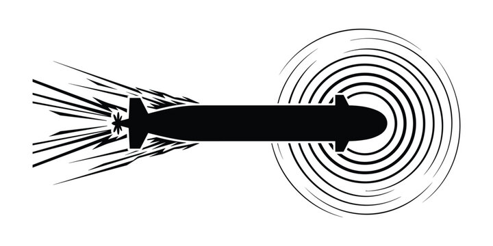 Black silhouette torpedo underwater motion torpedo explosion underwater sound waves.
