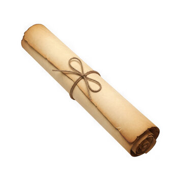 Old vintage paper scroll tied with string isolated on transparent background