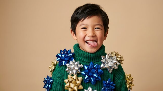 Portrait of a happy person holding Christmas gifts with a cinematic feel