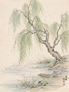 Traditional Chinese ink wash painting of a willow tree by the river with a boat