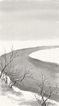 A peaceful frozen river winding through a snowy landscape during a cold winter day