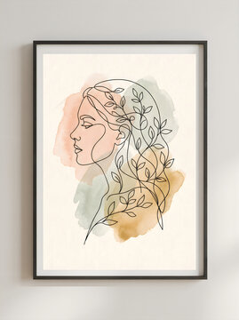Abstract line art illustration of a woman face with floral hair in a wall frame