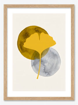 Minimalist art print featuring a yellow ginkgo leaf with golden and grey circles