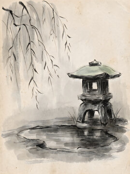 Traditional Japanese stone lantern near a calm pond with willow tree branches