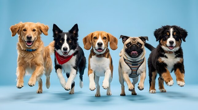 Group of cute dogs and puppies sitting together showing intense emotion