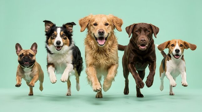Group of cute dogs and puppies sitting together with beautiful composition