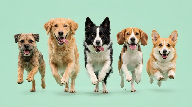 Group of cute dogs and puppies sitting together in a creative perspective