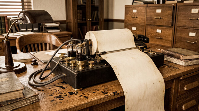 An old telegraph machine sits on a wooden desk in a vintage office, surrounded by books and filing cabinets. The machine is printing a long strip of paper, suggesting a message is being transmitted.