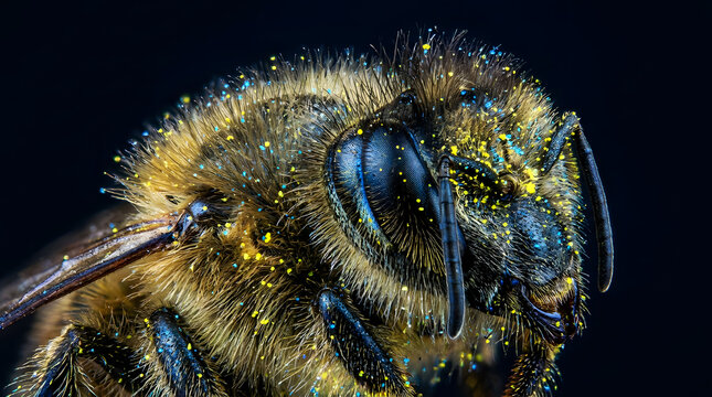 Ultra Detailed Macro Portrait of a Honeybee Covered in Yellow and Blue Pollen Dust