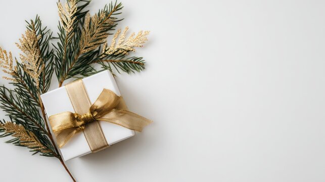 Festive Gift Box Wrapped in White Paper with Gold Ribbon and Green Pine Branches on White Background