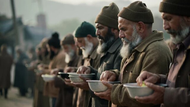 Mature men standing in a row eating from metal bowls outdoors, medium shot