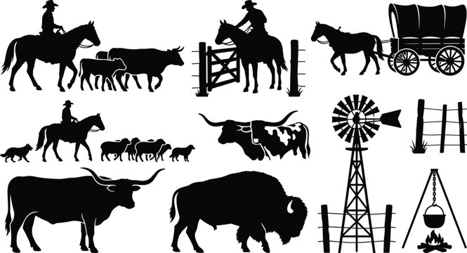 Wild West Cowboy Ranch Silhouette Collection with Livestock and Frontier Elements Vector Set
