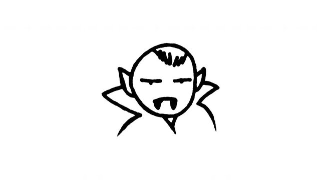 Hand drawn 4K vampire Dracula doodle animation with boiling line motion. Frame by frame outline on black and green screen backgrounds, perfect for count Dracula face, blood drinker, horror monster.