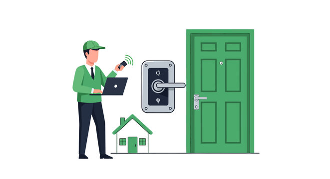 Professional Technician Installing Smart Door Lock with Laptop and Remote Control for Home Security System