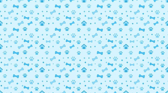 Cute seamless pattern background featuring blue dog paw prints bones and small kennel icons for pet shop wallpaper or veterinary clinic decoration
