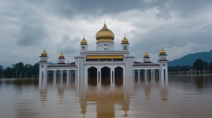 Fototapeta premium Flooded Royal Palace in Kelantan Under Dramatic Skies
