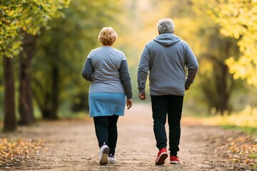 Obraz premium Senior couple walking on a park path during an active autumn retirement lifestyle