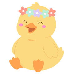 Fototapeta premium Cute Kawaii Duck Wearing Flower Crown Summer Flat Vector Clipart Illustration
