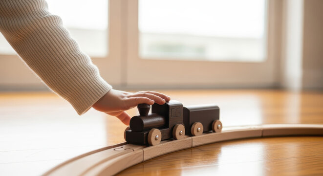 Child Hand Playing with Minimalist Wooden Toy Train on Track - High Qu