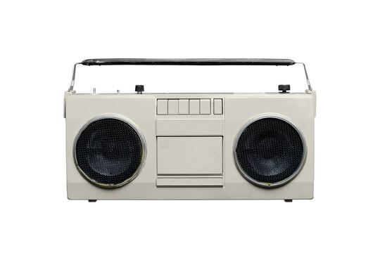 Gray retro portable boombox isolated PNG on transparent background, vintage cassette radio with speakers for music and nostalgic design