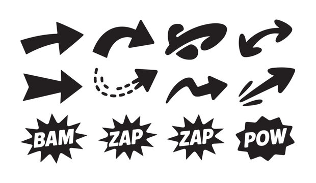 Black cartoon arrow icon set, comic style arrows, pop art elements, pointers and dynamic shapes, bam, zap, pow.
