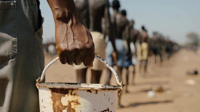 Hand holding white rusted bucket with people standing in line outdoors, close up shot