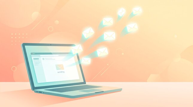 Laptop computer on desk with glowing envelope icons flying out of the screen representing incoming email messages, digital communication concept
